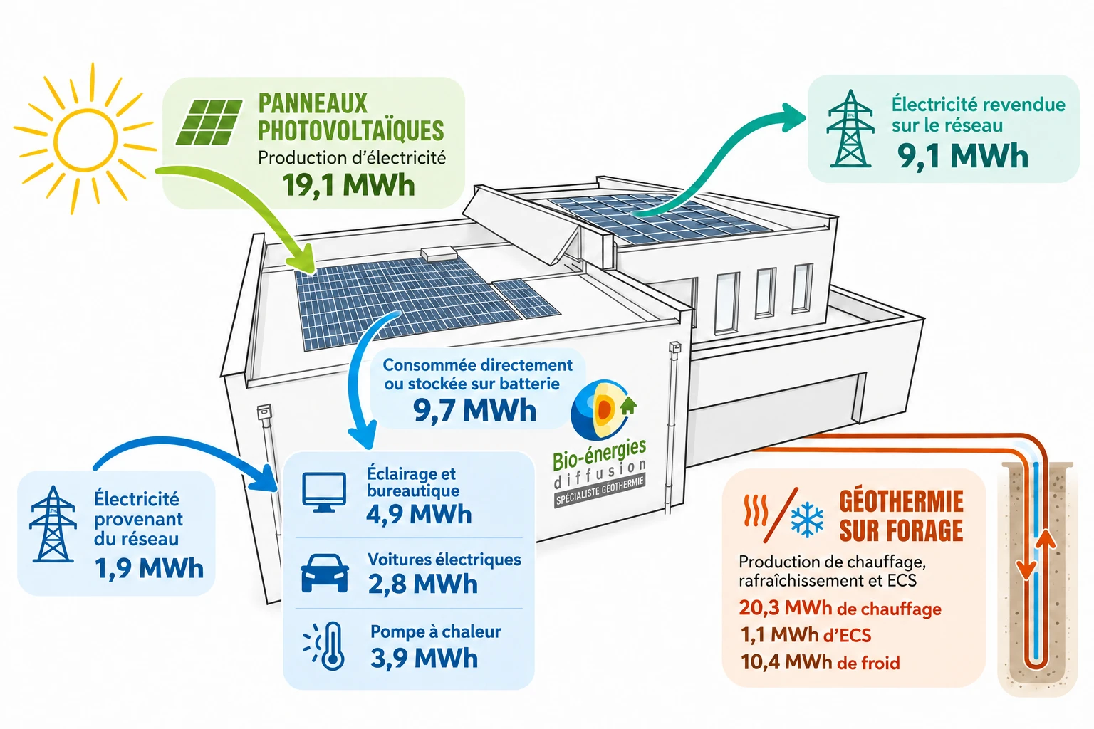 Bilan énergétique annuel des bureaux Bio-Énergies Diffusion : 19,1 MWh produits par les panneaux photovoltaïques, 9,7 MWh consommés directement ou stockés sur batterie, 9,1 MWh revendus au réseau, 1,9 MWh achetés au réseau ; consommation : éclairage et bureautique 4,9 MWh, voitures électriques 2,8 MWh, pompe à chaleur 3,9 MWh ; géothermie sur forage : 20,3 MWh de chauffage, 1,1 MWh d'eau chaude sanitaire et 10,4 MWh de froid