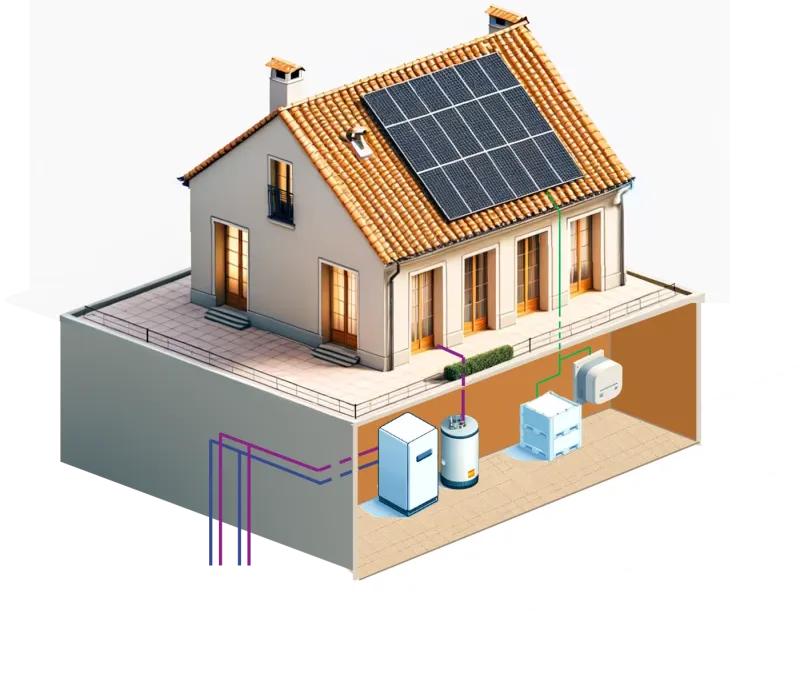 Maison équipée de panneaux solaires, d'une pompe à chaleur géothermique raccordée à des forages, et de batteries